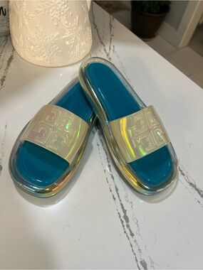 Tory Burch Green Teal Footbed Iridescent Slide Sandals size 7
